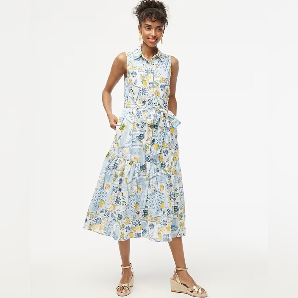J. Crew Blue and Yellow Sleeveless Printed Midi Dress